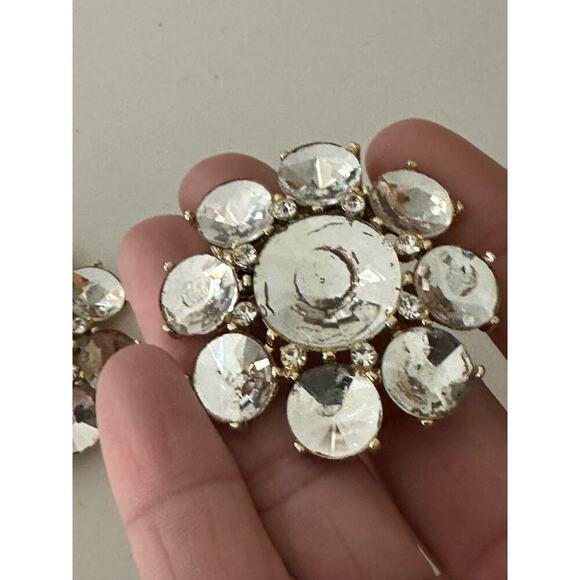 Vintage Women's Silver Rhinestone Rosette Stone Clip-on Earrings - Picture 5 of 13